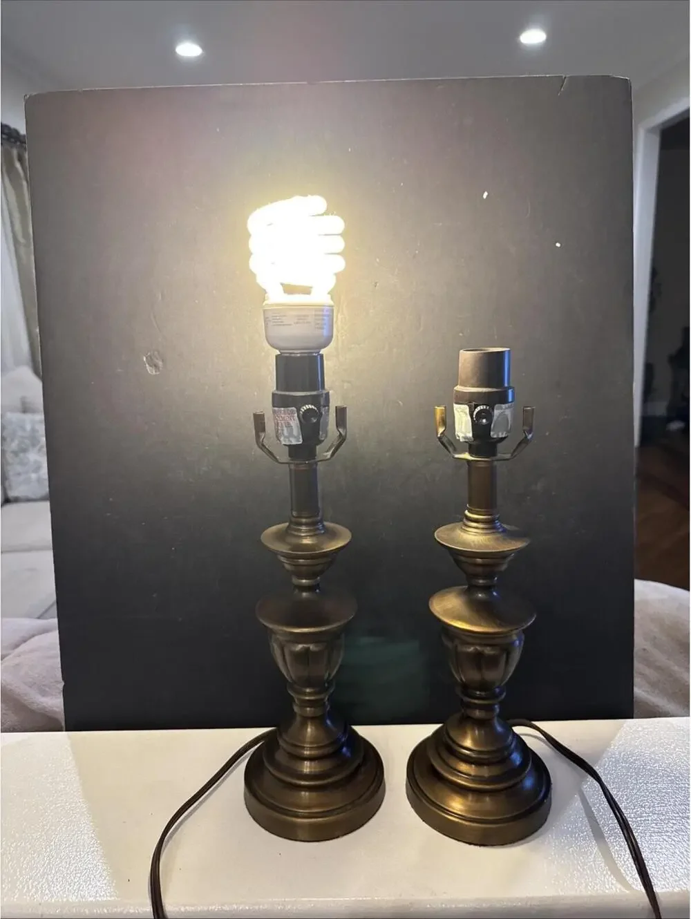 Vintage Pair of Brass Toned Fluted Trophy Shaped Table Lamp 13.25” Without Light